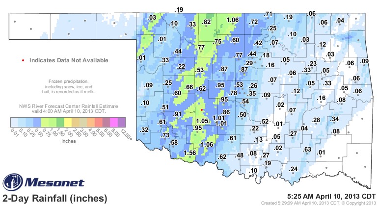 Rainfall Totals Top An Inch in Multiple Oklahoma Mesonet Locations This Morning- The Latest Graphic