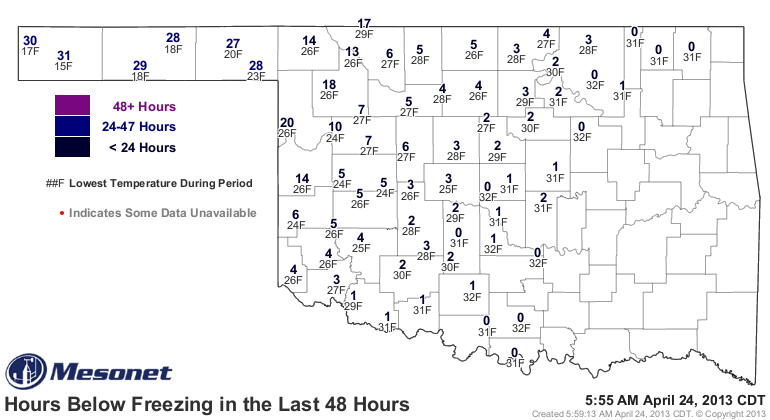 Freezing Temps Cover Almost the Northwestern Half of Oklahoma- Again