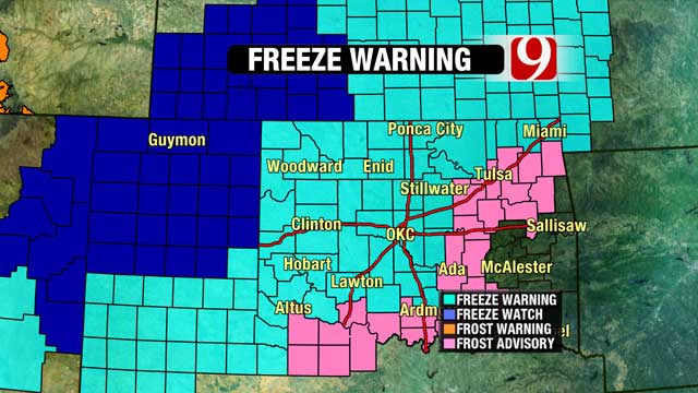 Freezing Temps Cover Almost the Northwestern Half of Oklahoma- Again