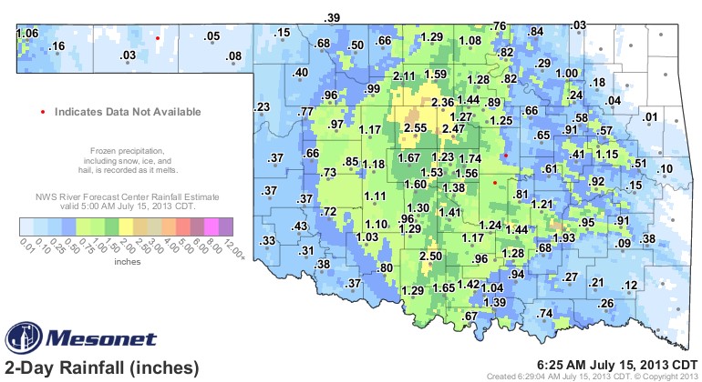 Heaviest Rainfall Totals Clustered in Center of Oklahoma- a Map as of Monday Morning, July 15, 201 