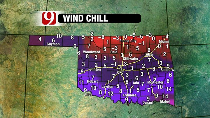 Wind Chills Dip Below Zero in Northern Oklahoma- The Latest Graphic
