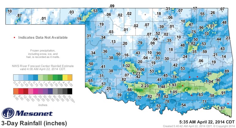 Rainfall Totals Top Two Inches in Stephens County- the Map from Sunday-Monday