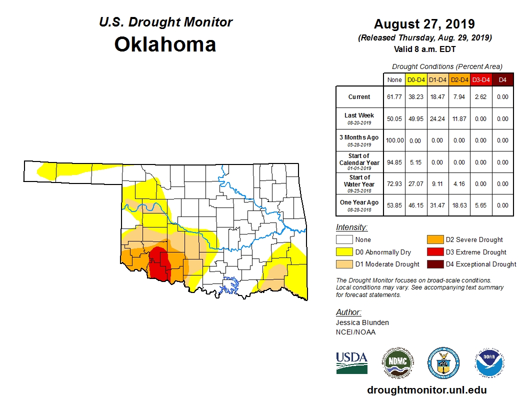 Area of Drought Across Oklahoma Shrinks- But a Small Blob of Extreme Drought Shows Up