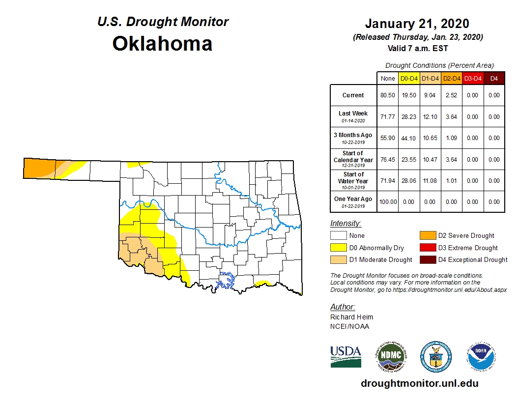 Drought Footprint in Oklahoma Stands at Nine Percent- Southwest and Tip of the Panhandle Remain Dry