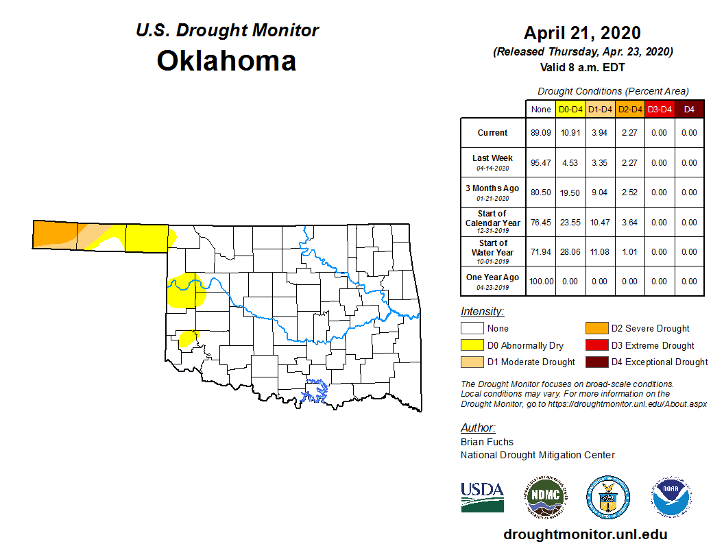 Latest U.S. Drought Monitor Map Shows Increasing Dryness In Western Oklahoma