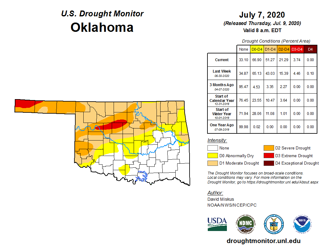 Latest Drought Monitor Map Removes Exceptional Drought Designation From Oklahoma But Adds Many Other Shades of Drought 