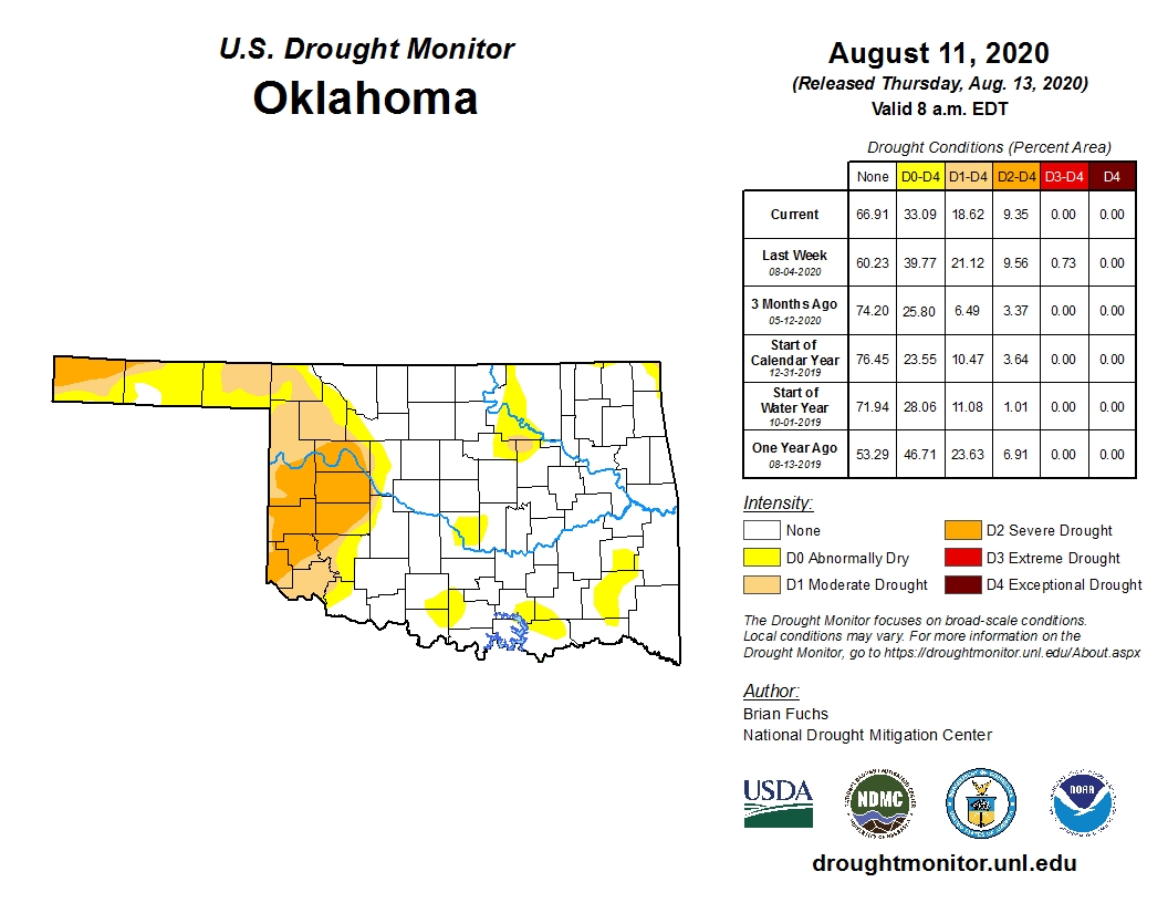 Latests U.S. Drought Monitor Update Map Shows No Extreme Drought (D3) In Oklahoma For The First Time In Months