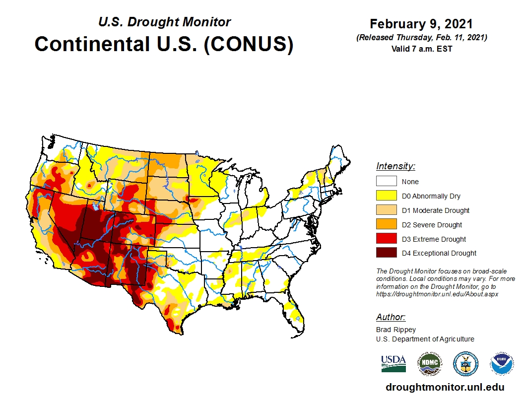 U.S. Drought Map Basically Unchanged as Brutal Cold Envelopes Much of The Country