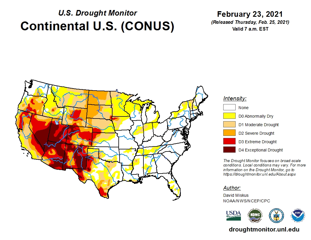 Latest U.S. Drought Monitor Map Shows Little Change But The Outlook is For a Dry, Warm Spring