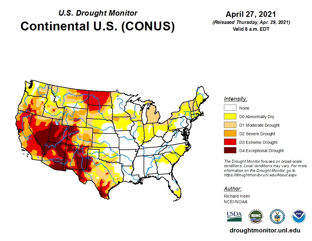 Drought Concerns For The Western Half of U.S. Expand According to The Latest Drought Monitor Map