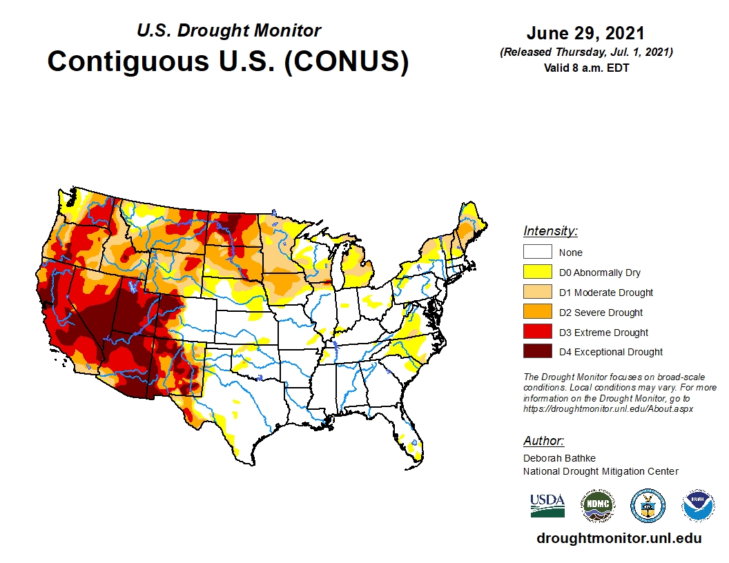 Latest U.S. Drought Map Shows Continued Expansion in Western and Northern U.S. as Heavy Rains Wipe Out Drought in Oklahoma 