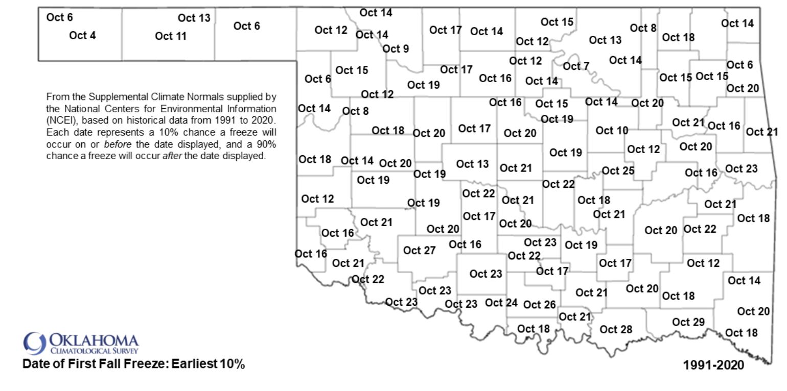 OK Mesonet's First Freeze Of Fall Map Shows Earliest Possible Freeze in October